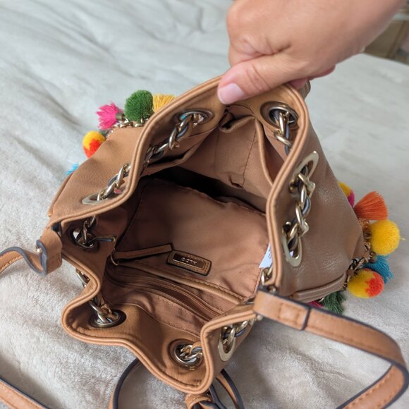 ALDO pom pom tassel bucket purse - tan and colorful - Picture 9 of 12